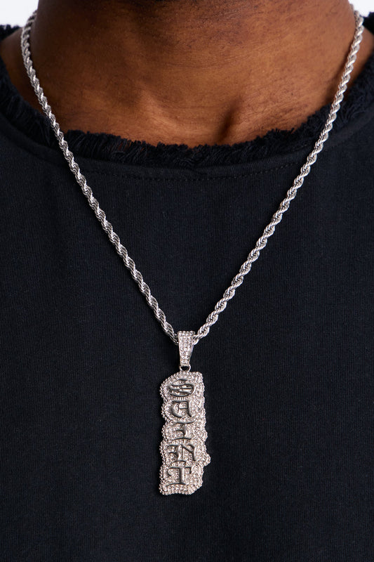 Saint Script Vertical Iced Pendant Necklace - Silver