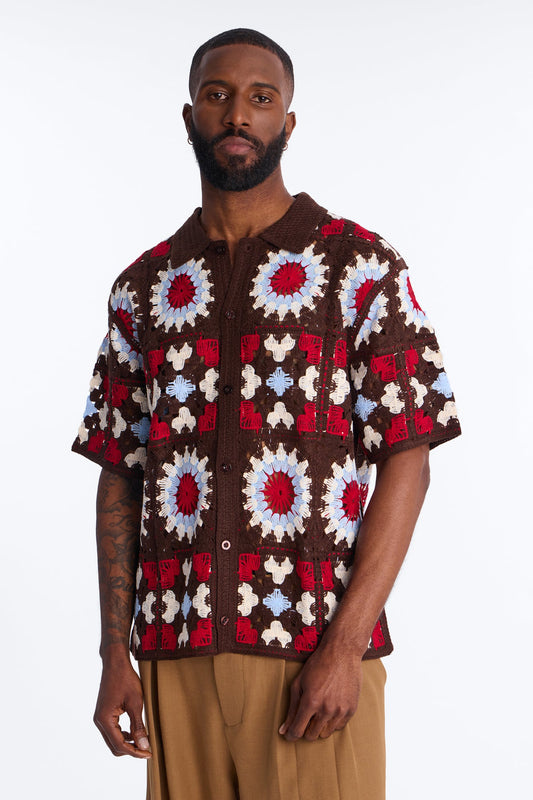 Desert Hues Crochet Button Up Shirt - Brown