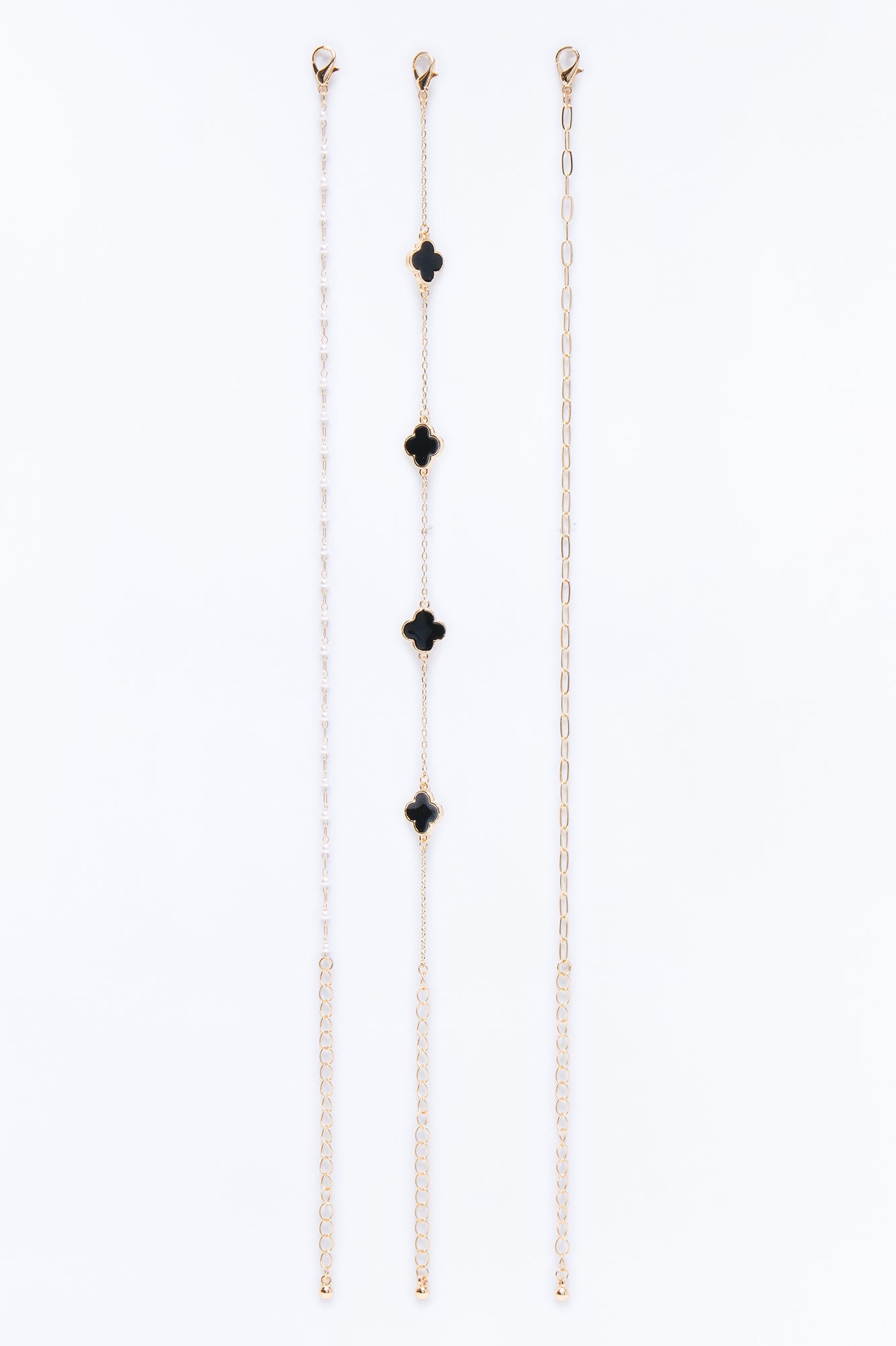 Clovers And Pearls 3 Piece Anklet Set - Gold/Black Fashion Nova