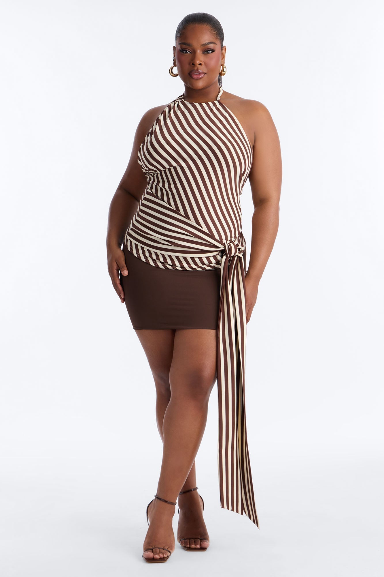 Steph Striped Draped Tie Halter Top - Mocha/combo
