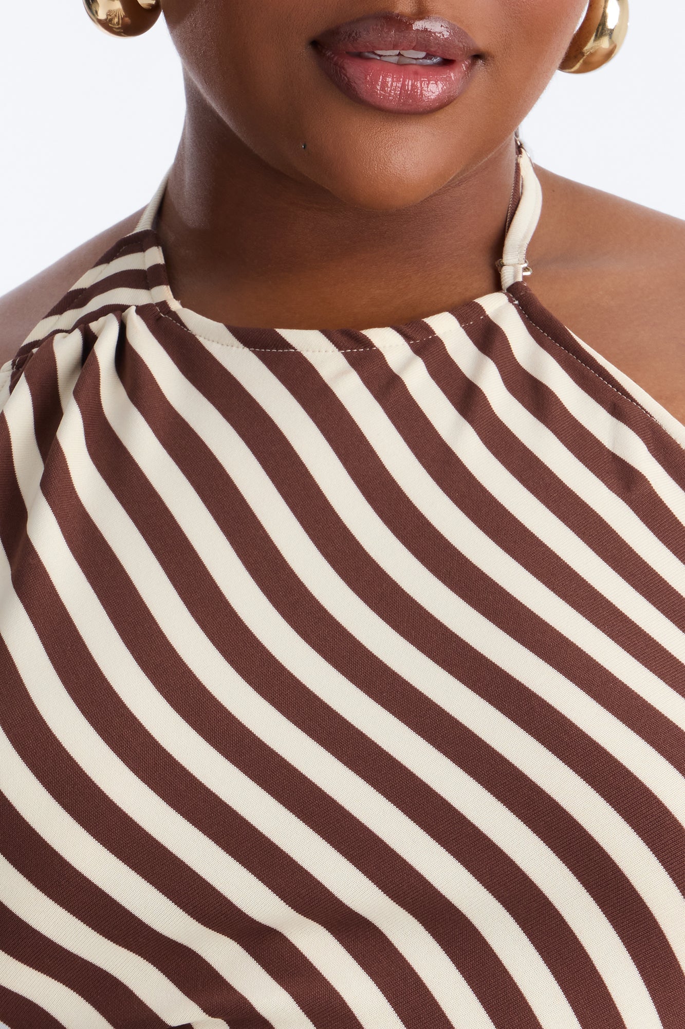 Steph Striped Draped Tie Halter Top - Mocha/combo