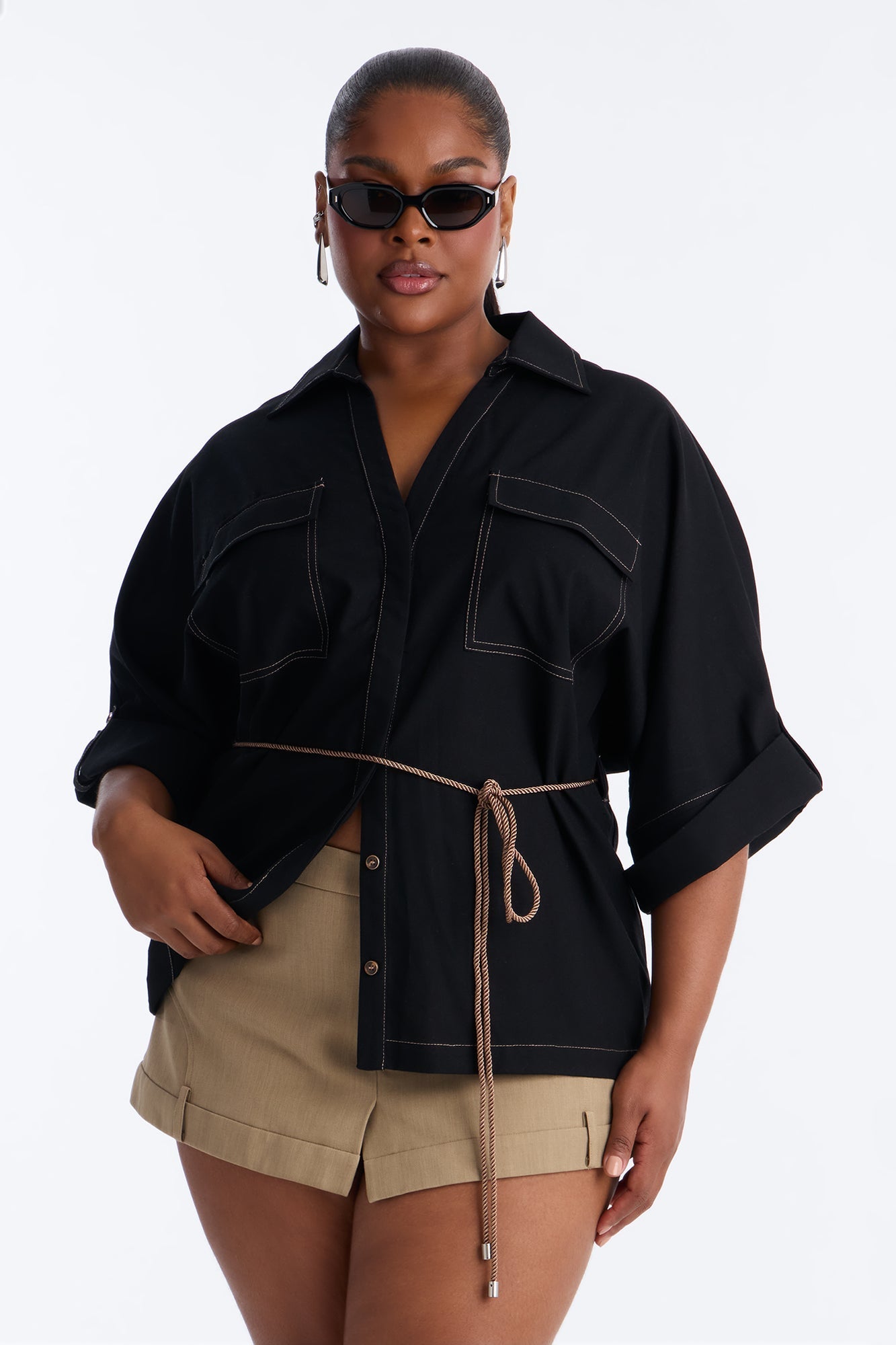 Casual Class Belted Linen Shirt - Black NEWFASHIONEDGE