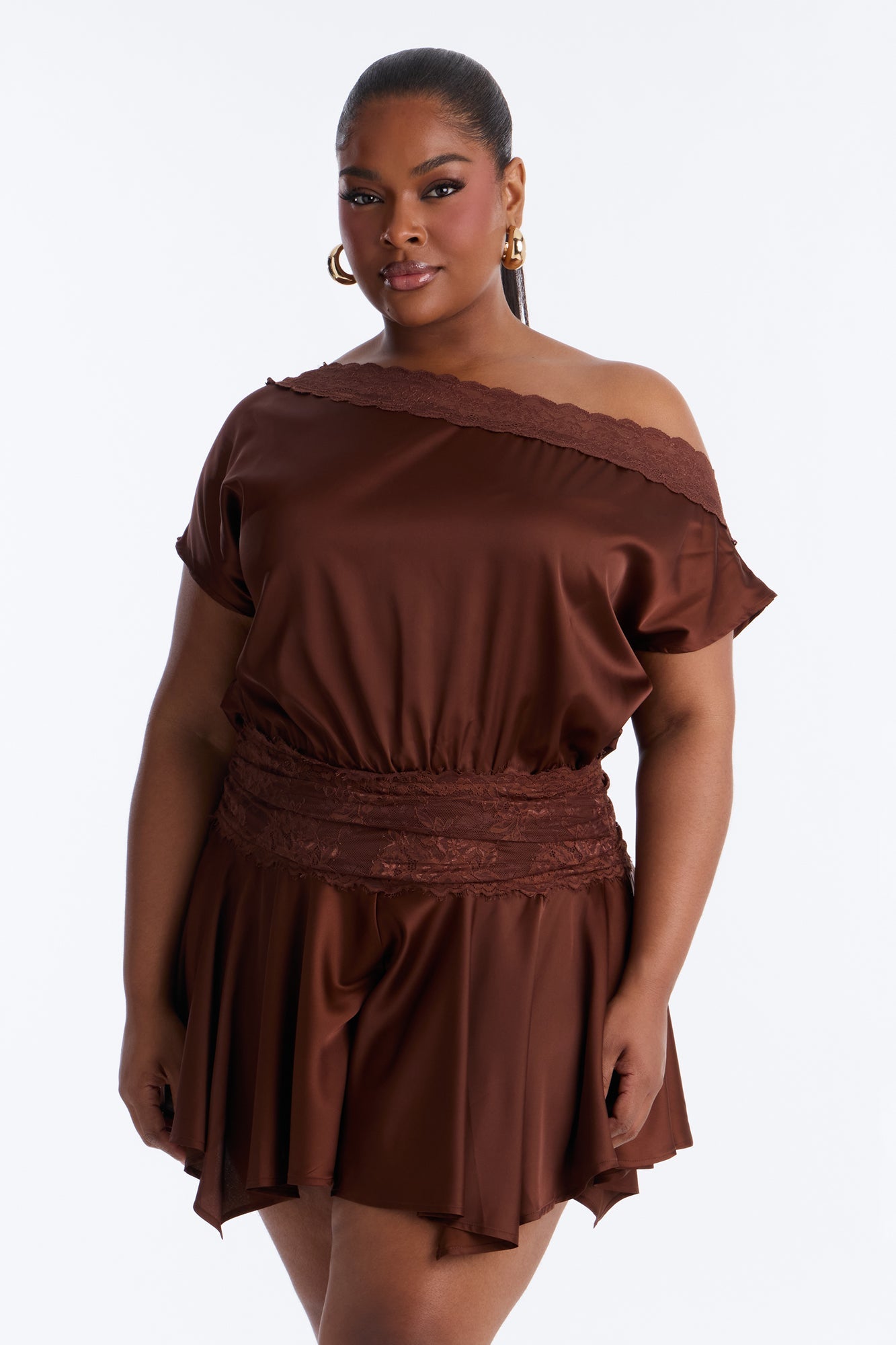 Irina Satin Off Shoulder Lace Romper - Chocolate NEWFASHIONEDGE