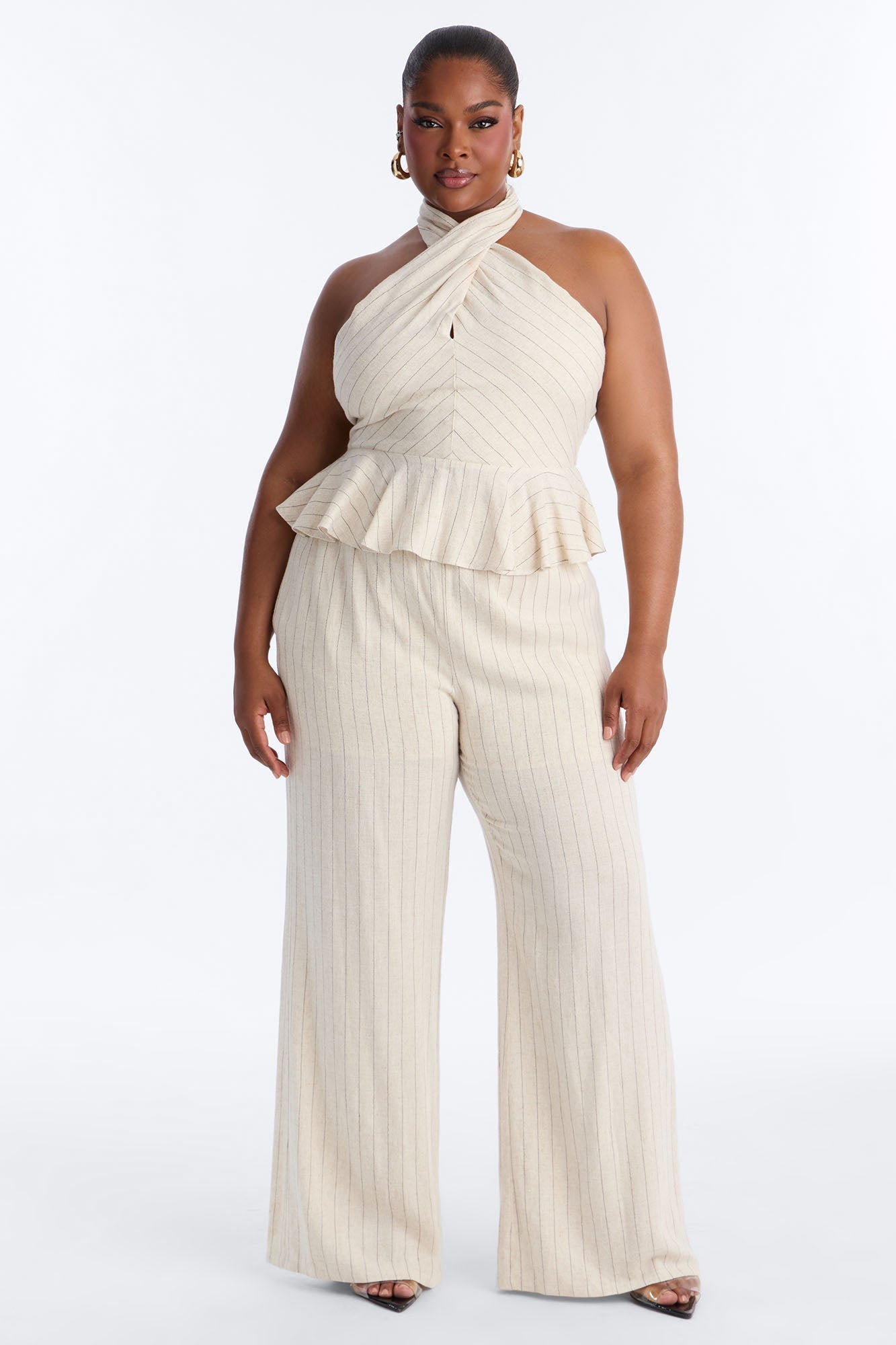 Making Headlines Pinstripe Linen Pant Set - Cream NEWFASHIONEDGE