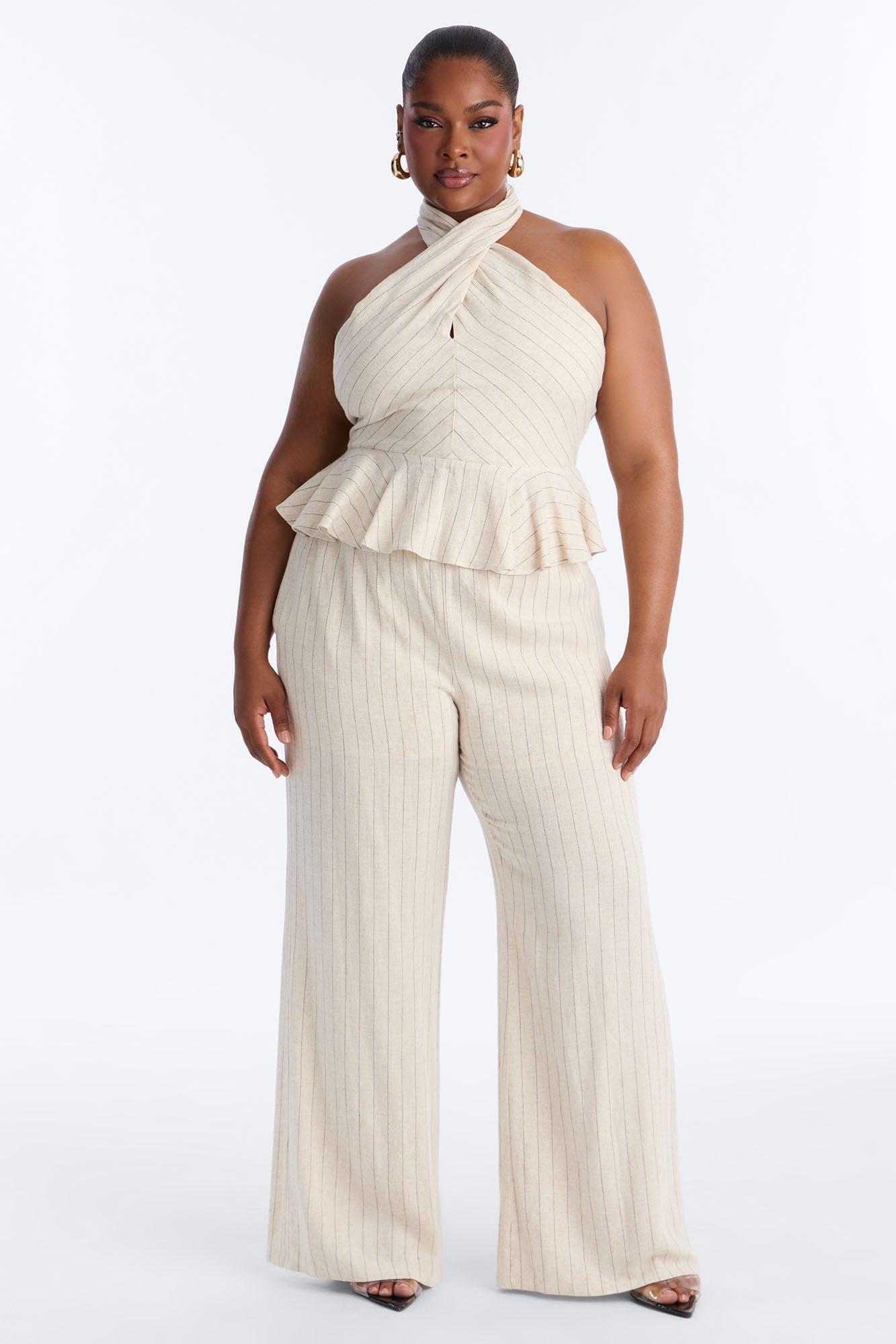 Making Headlines Pinstripe Linen Pant Set - Cream