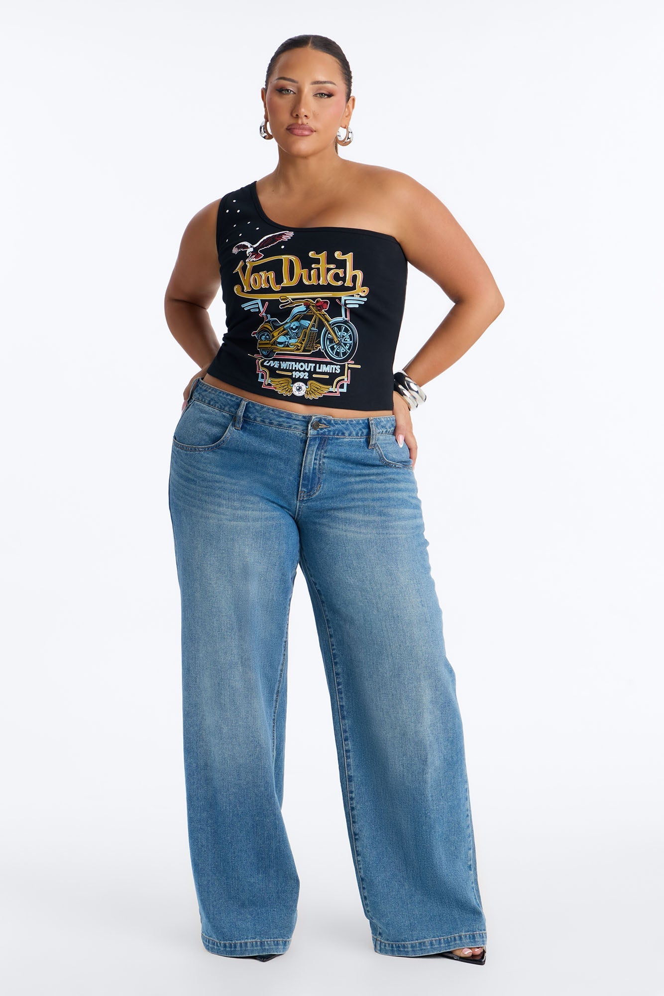 Von Dutch Rocker One Shoulder Tank With Studs - Black NEWFASHIONEDGE