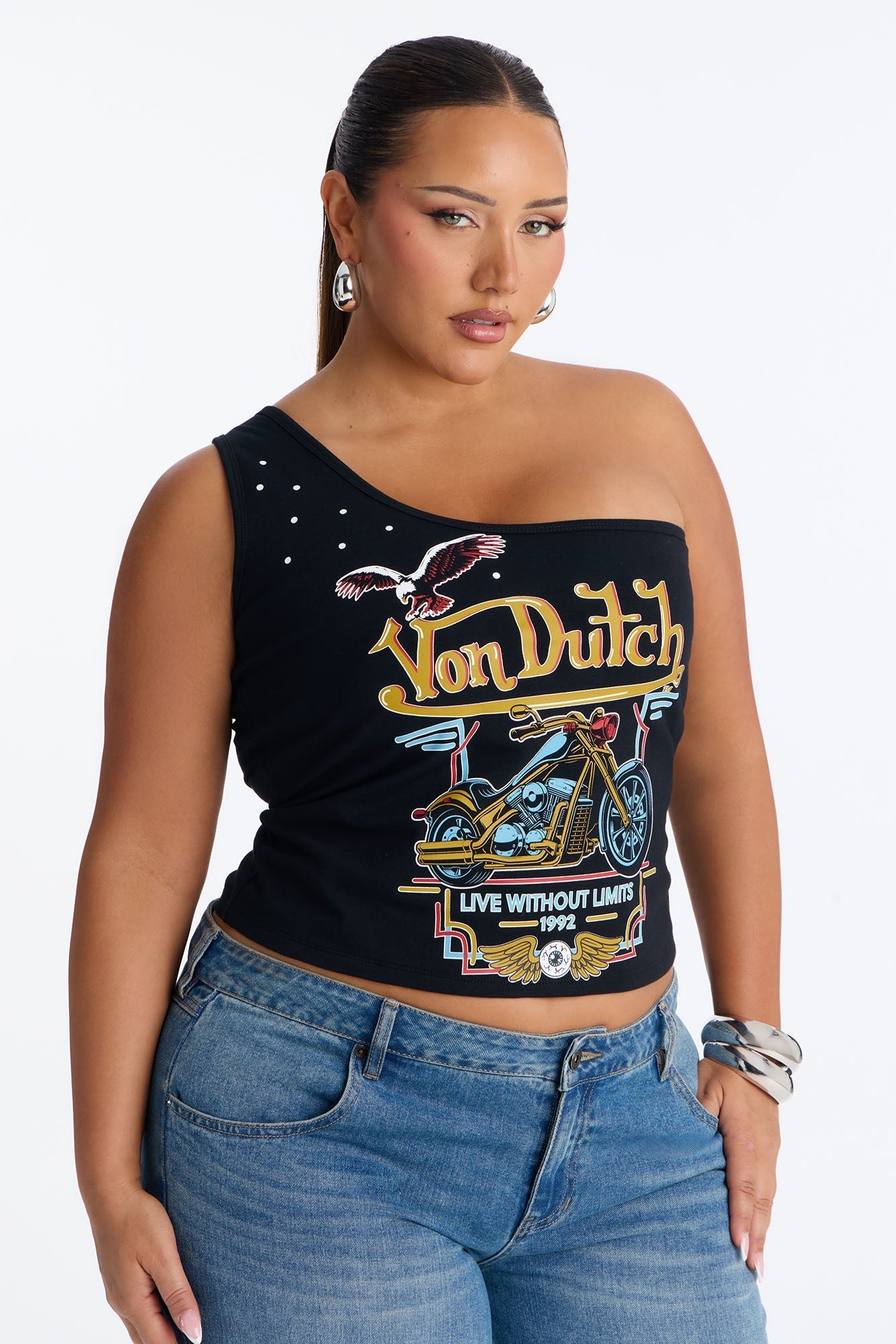 Von Dutch Rocker One Shoulder Tank With Studs - Black NEWFASHIONEDGE