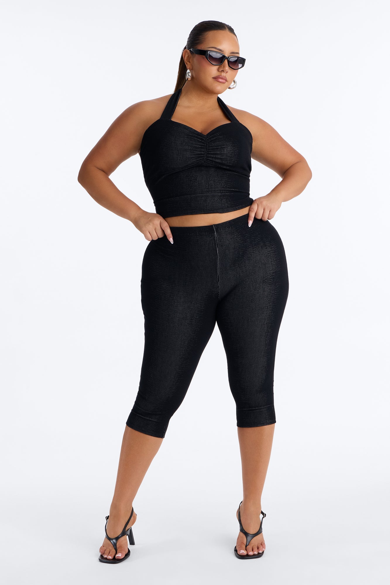 Liana Halter Ribbed Capri Set - Black