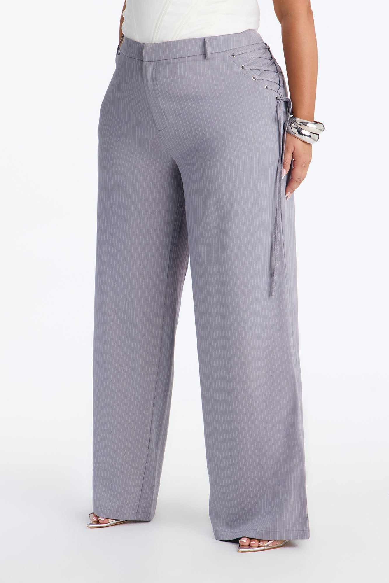 All Laced Up Low Rise Pinstripe Trouser - Light Grey NEWFASHIONEDGE