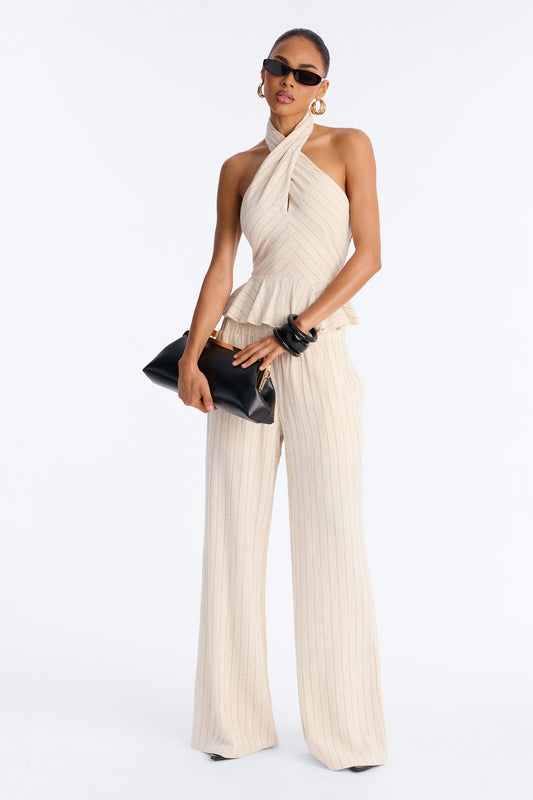 Making Headlines Pinstripe Linen Pant Set - Cream