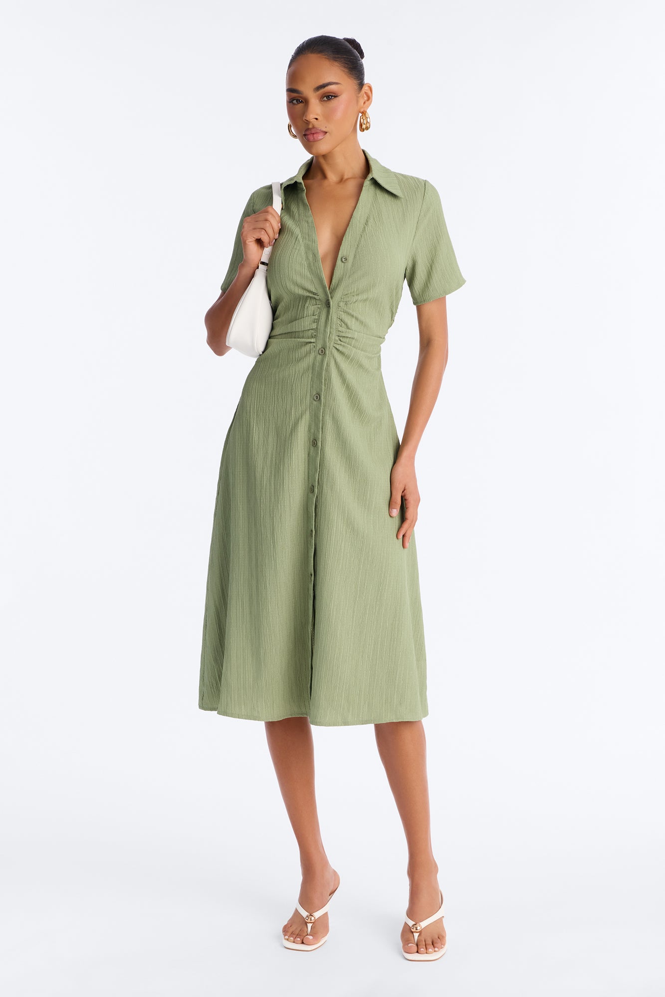 Carmen Ruched Shirt Midi Dress - Olive Fashion Nova