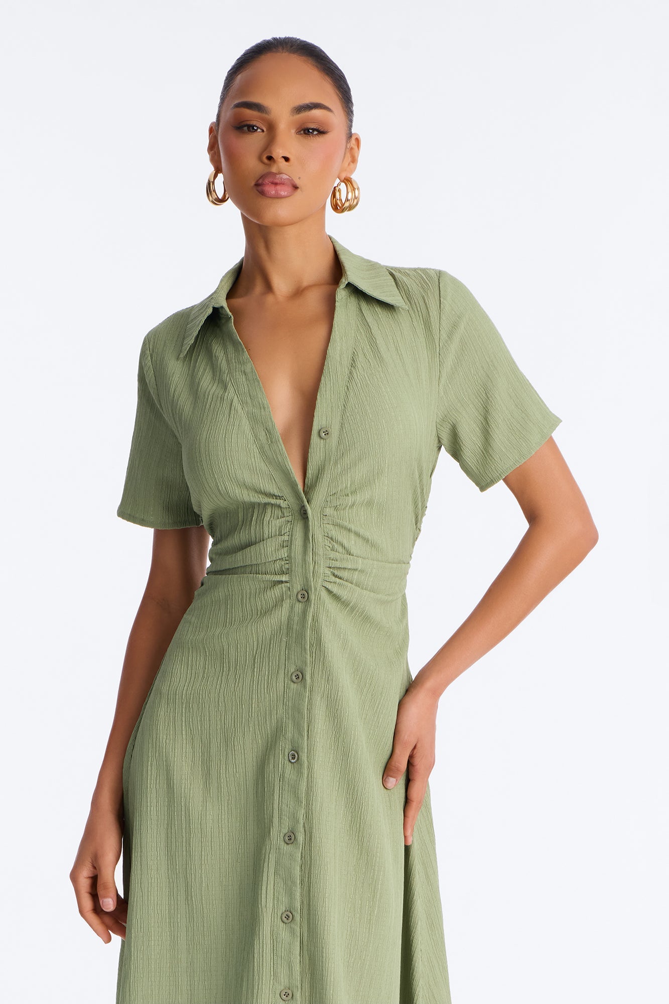 Carmen Ruched Shirt Midi Dress - Olive Fashion Nova