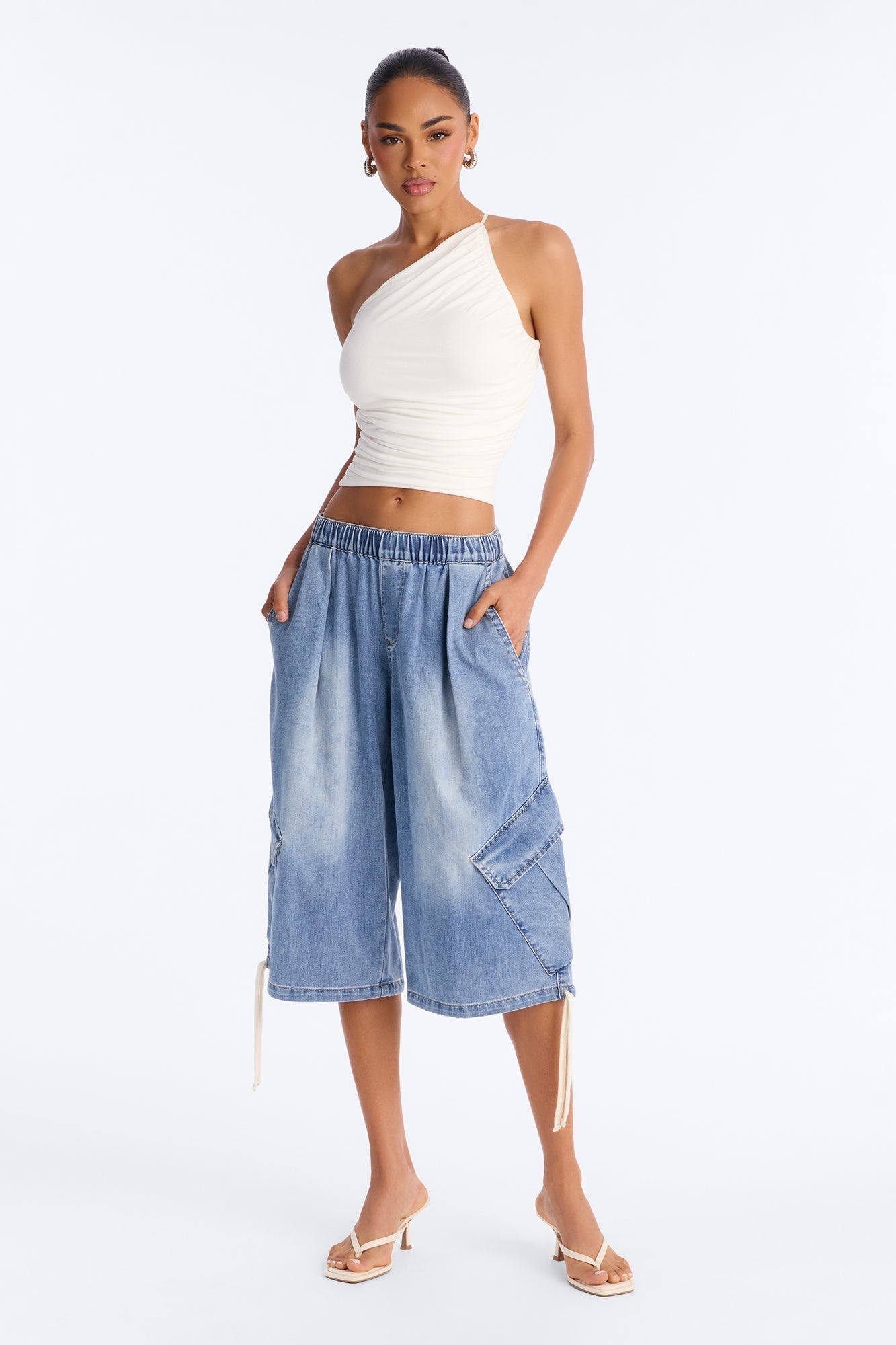 Kehlani One Shoulder Ruched Sleeveless Top - White