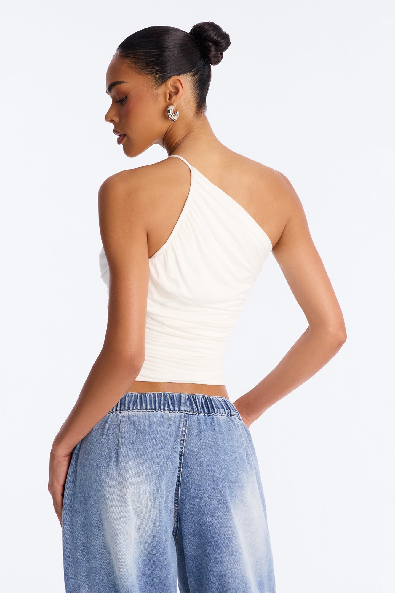 Kehlani One Shoulder Ruched Sleeveless Top - White