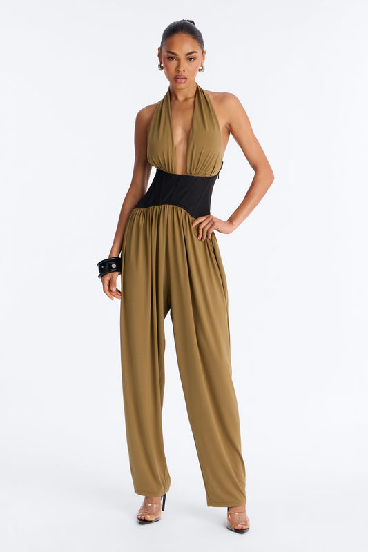 Raia Corset Trim Jumpsuit - Olive NEWFASHIONEDGE