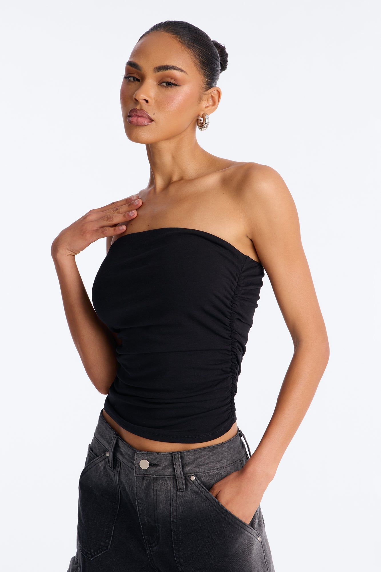 Layla Side Ruched Double Lined Tube Top - Black NEWFASHIONEDGE