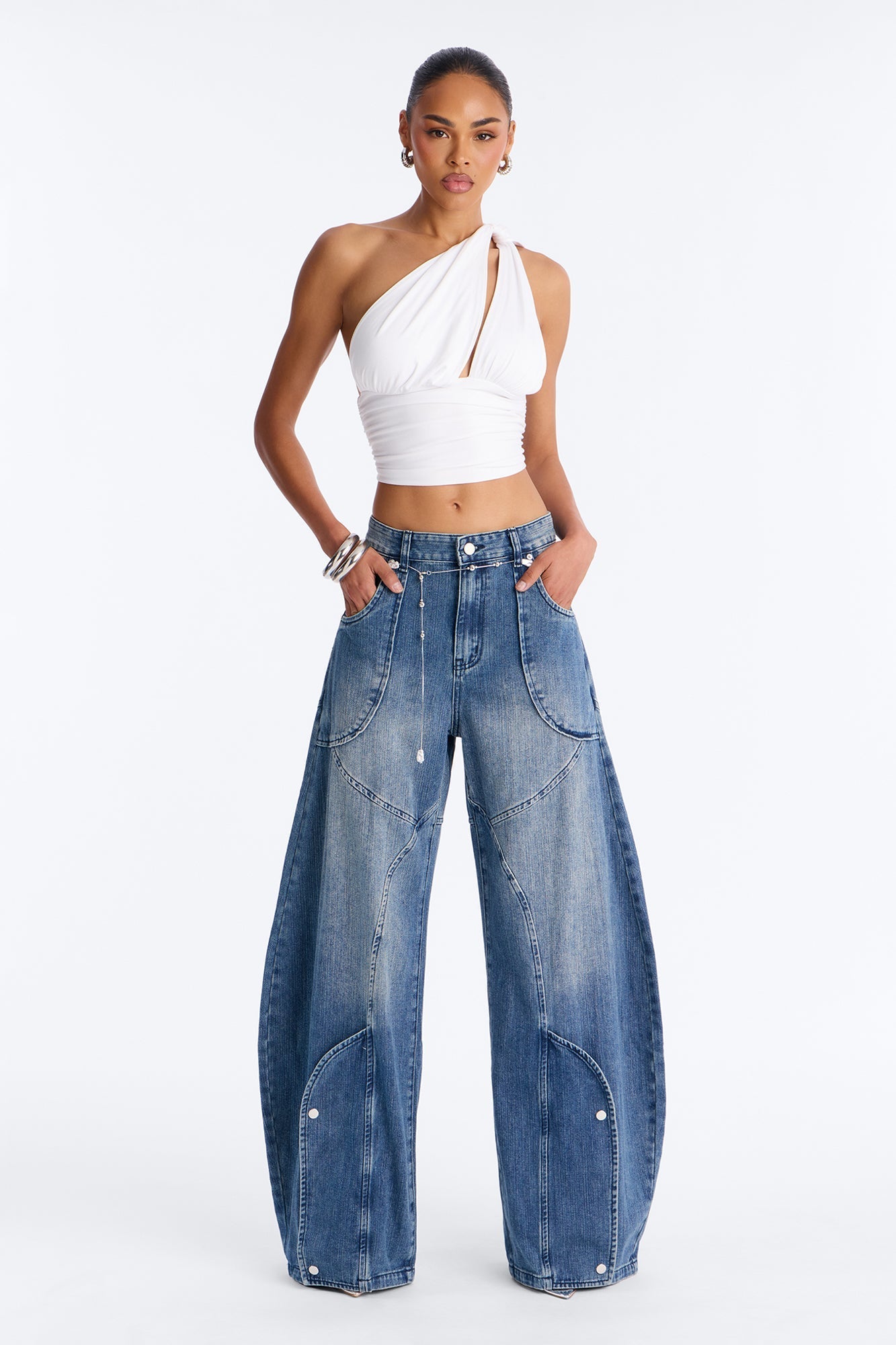 Meet Me Somewhere Chain Belted Barrel Jeans - Vintage Wash NEWFASHIONEDGE
