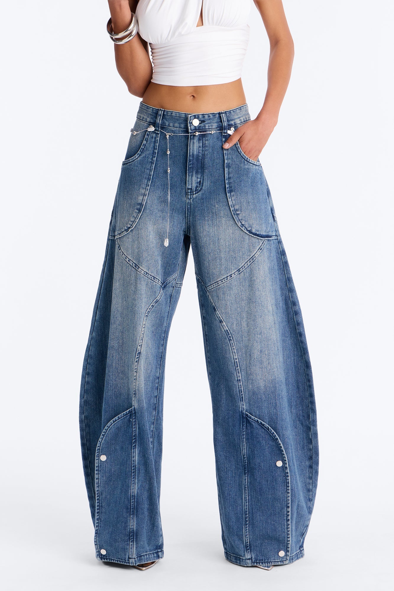 Meet Me Somewhere Chain Belted Barrel Jeans - Vintage Wash NEWFASHIONEDGE