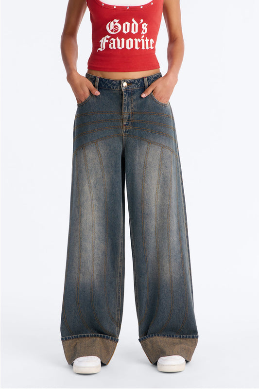 Never Basic Cuffed Wide Leg Jeans - Vintage Wash