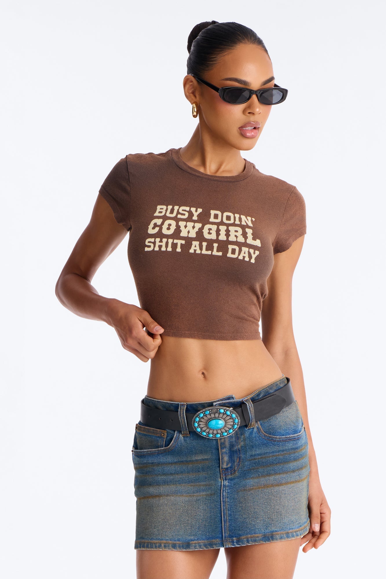 Cowgirl Shit All Day Washed Baby Tee - Brown NEWFASHIONEDGE