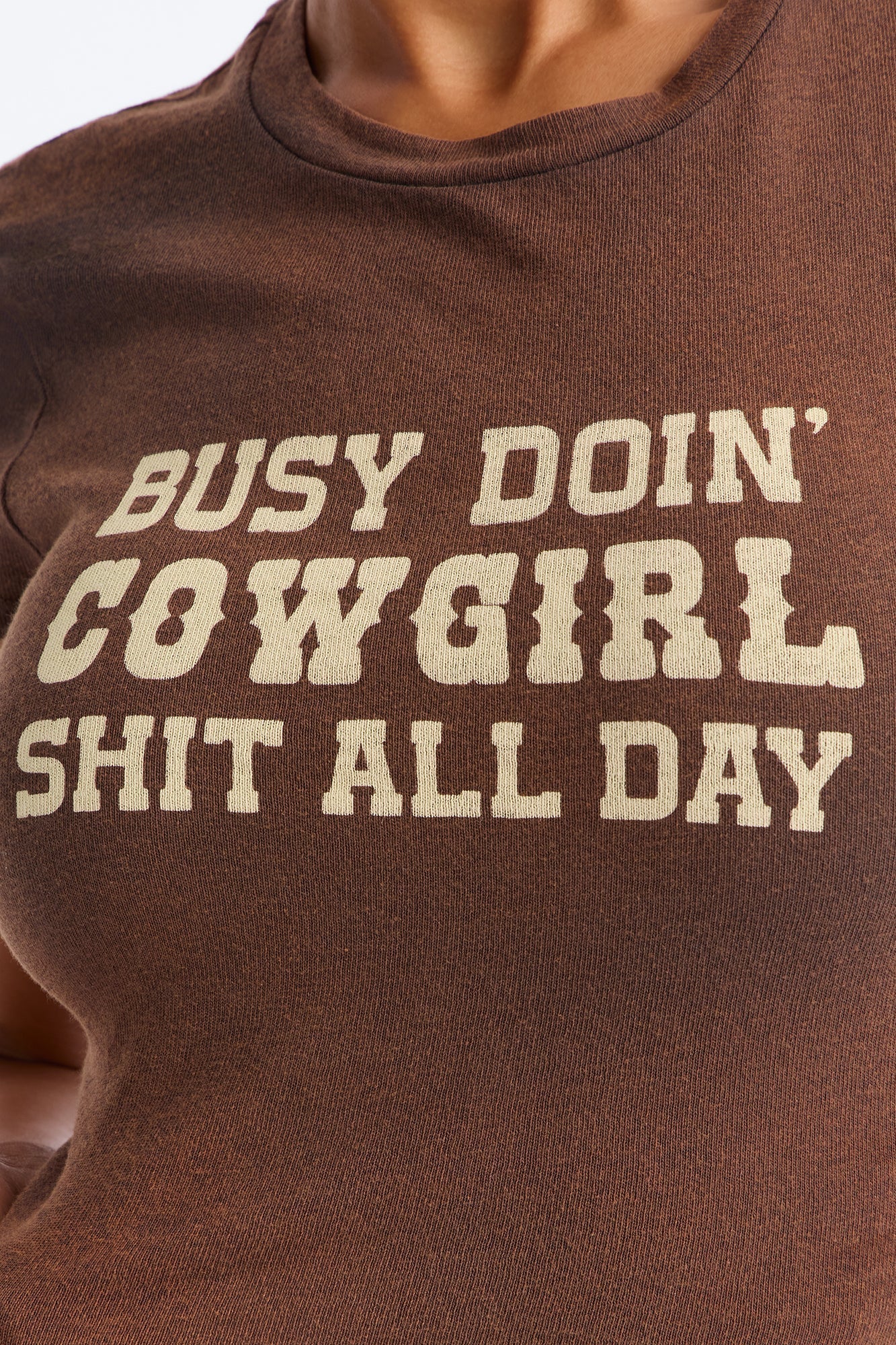 Cowgirl Shit All Day Washed Baby Tee - Brown NEWFASHIONEDGE