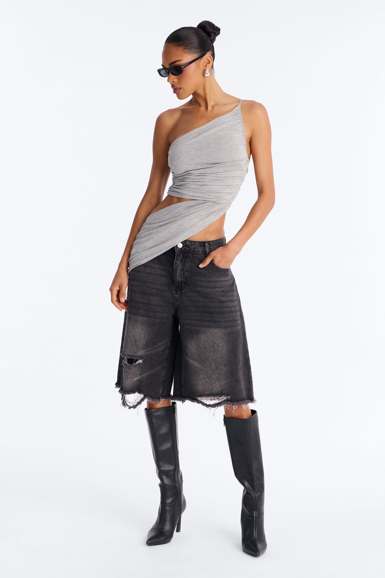 Sierra Ruched One Shoulder Drape Top - Heather Grey