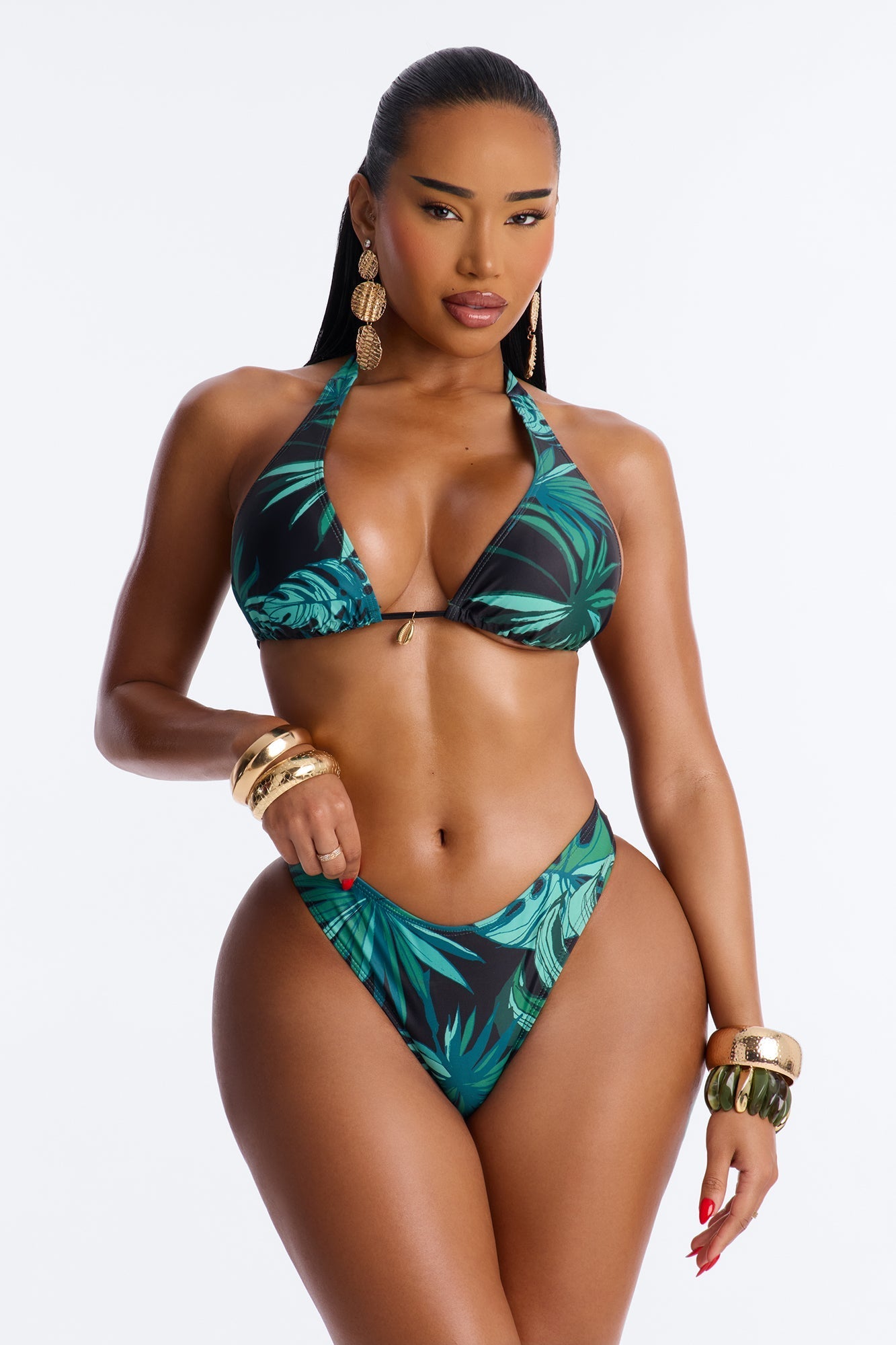 Tiki Goddess 3 Piece Triangle Bikini And Maxi Skirt Set - Green/combo NEWFASHIONEDGE