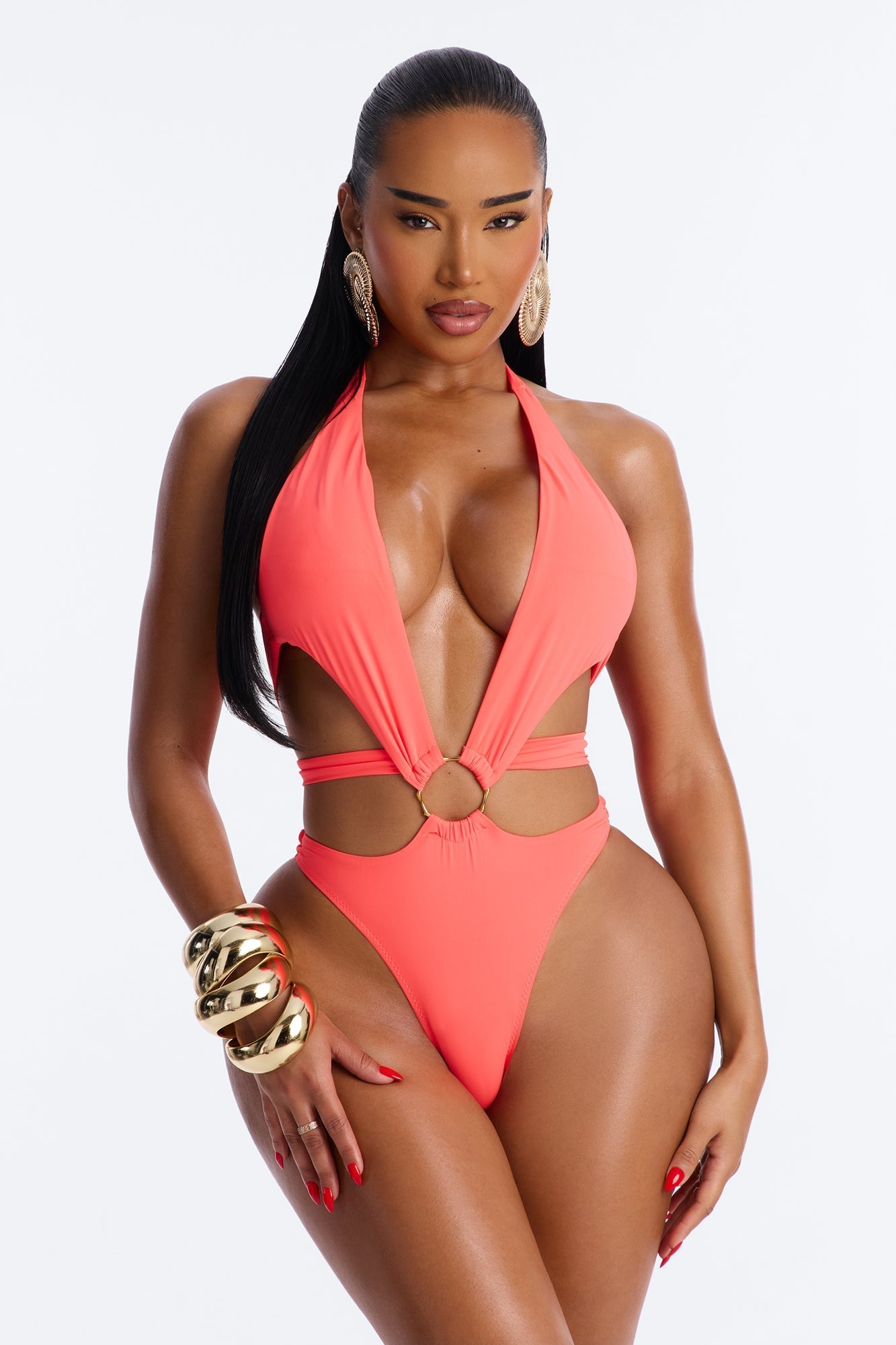 It Girl Summer 1 Piece Plunge Neck Strappy Swimsuit - Coral NEWFASHIONEDGE