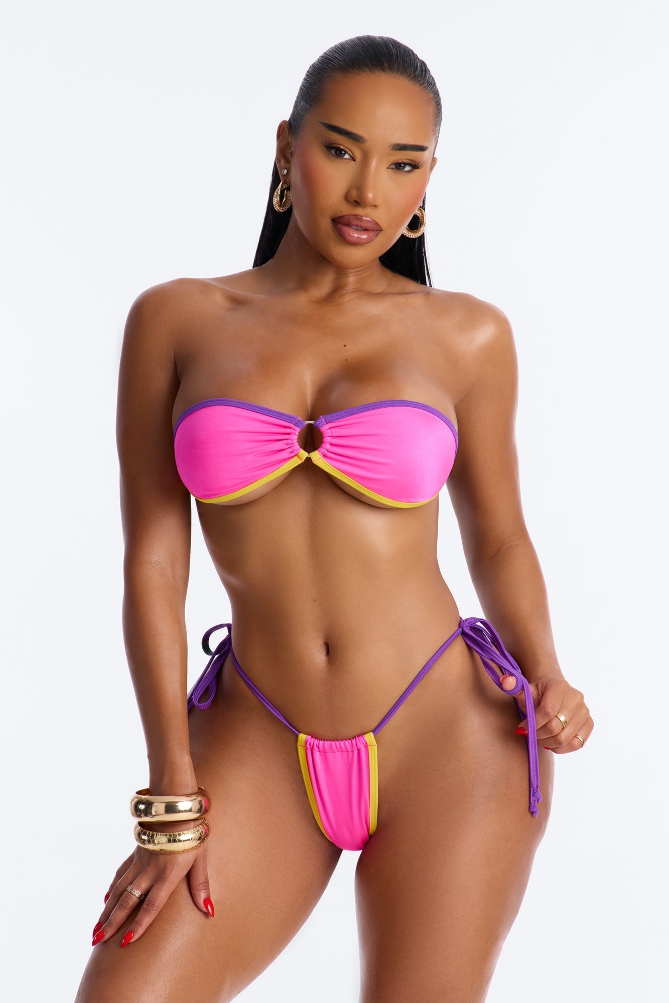 Sunset Glow Colorblock Contrast O-Ring Strapless 2 Piece Bikini - Hot Pink/combo NEWFASHIONEDGE