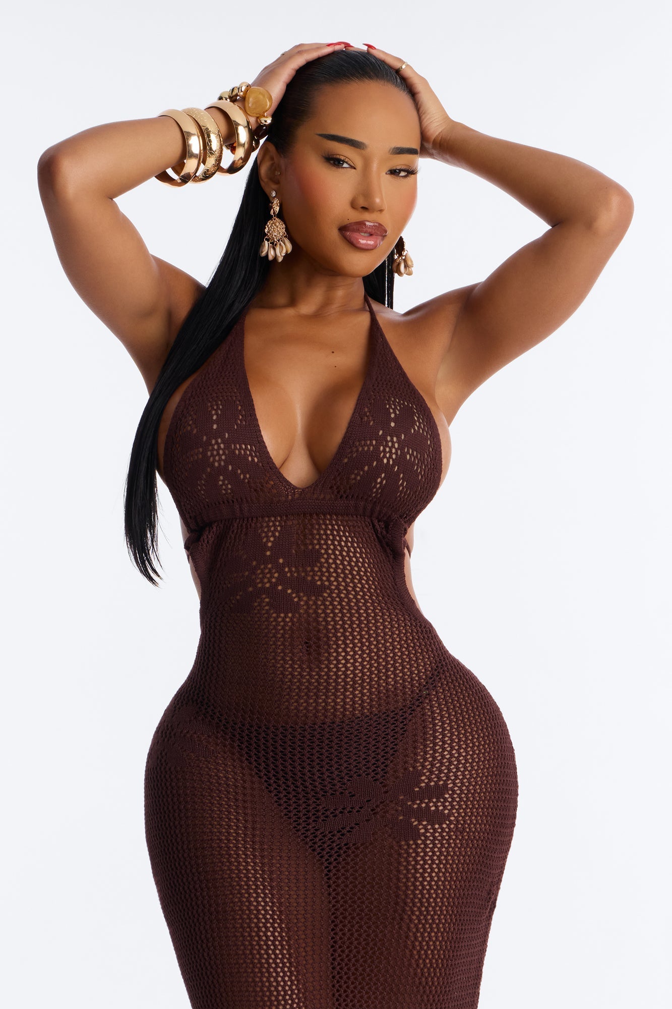 Maren Crochet Swim Cover Up Halter Maxi Dress - Dark Brown NEWFASHIONEDGE