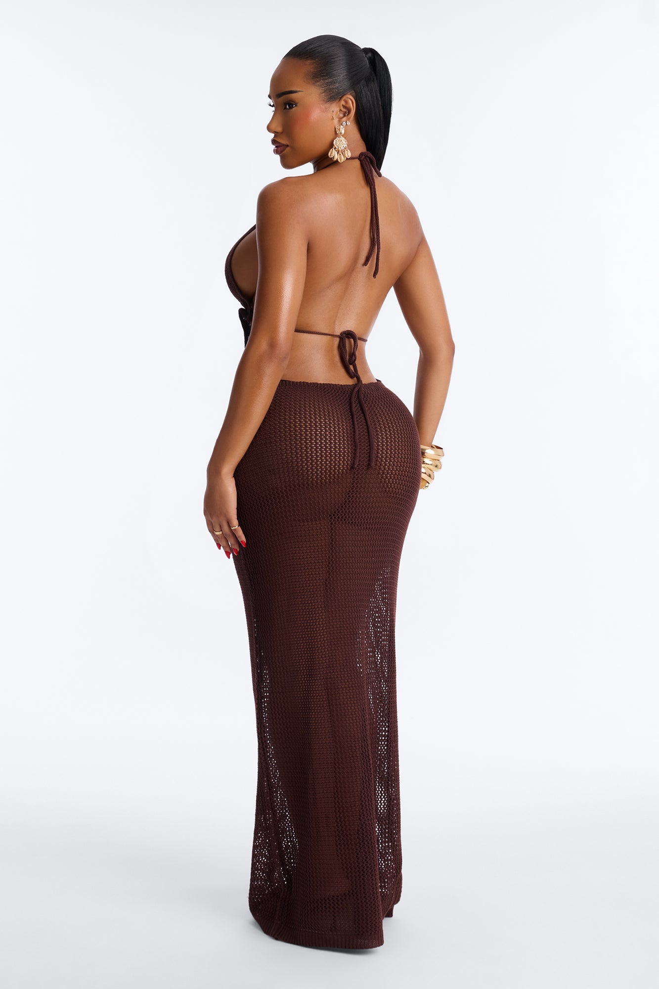 Maren Crochet Swim Cover Up Halter Maxi Dress - Dark Brown