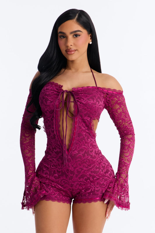 Tiana Lace Cut Out Micro Romper - Wine