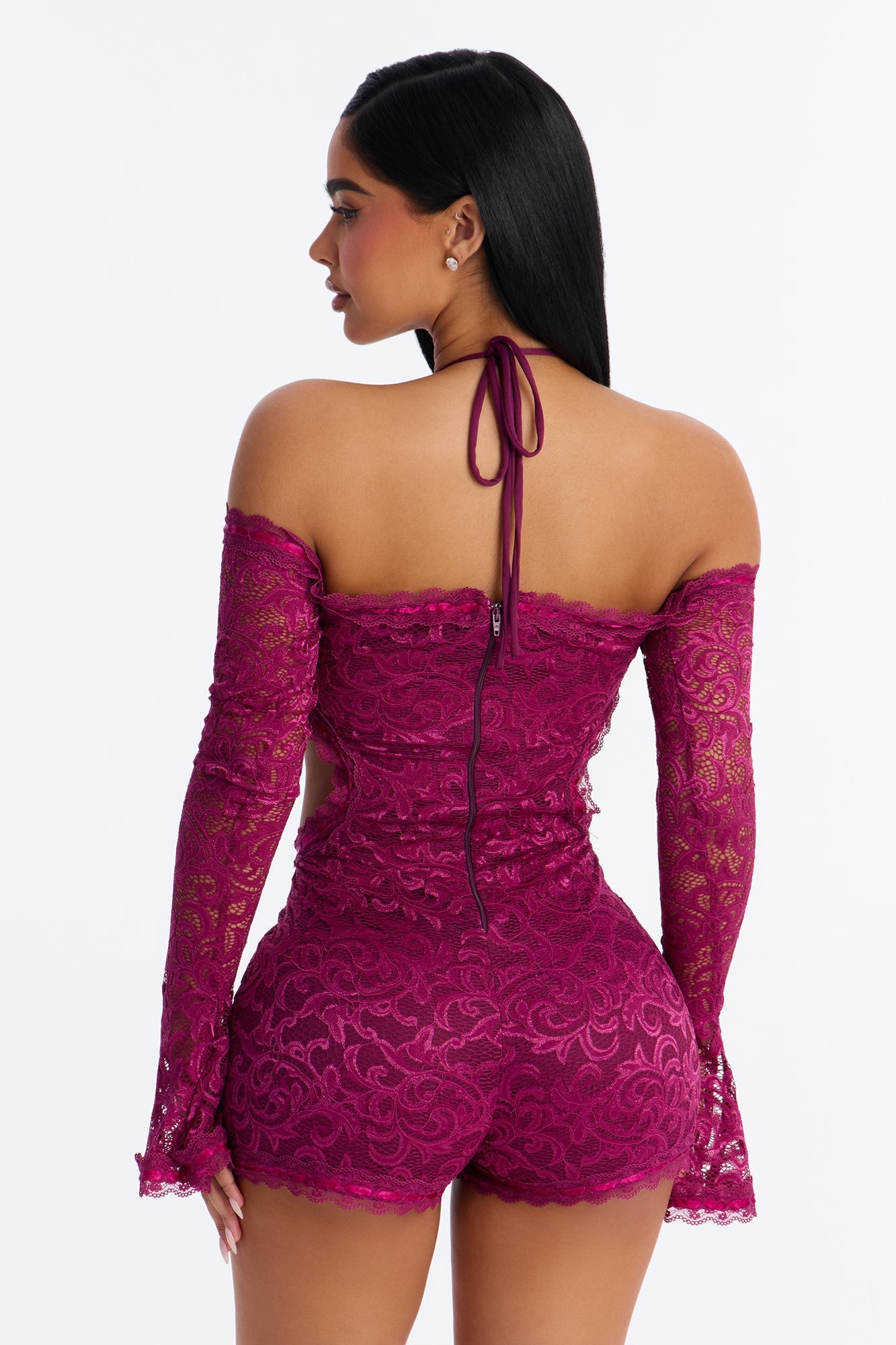 Tiana Lace Cut Out Micro Romper - Wine NEWFASHIONEDGE