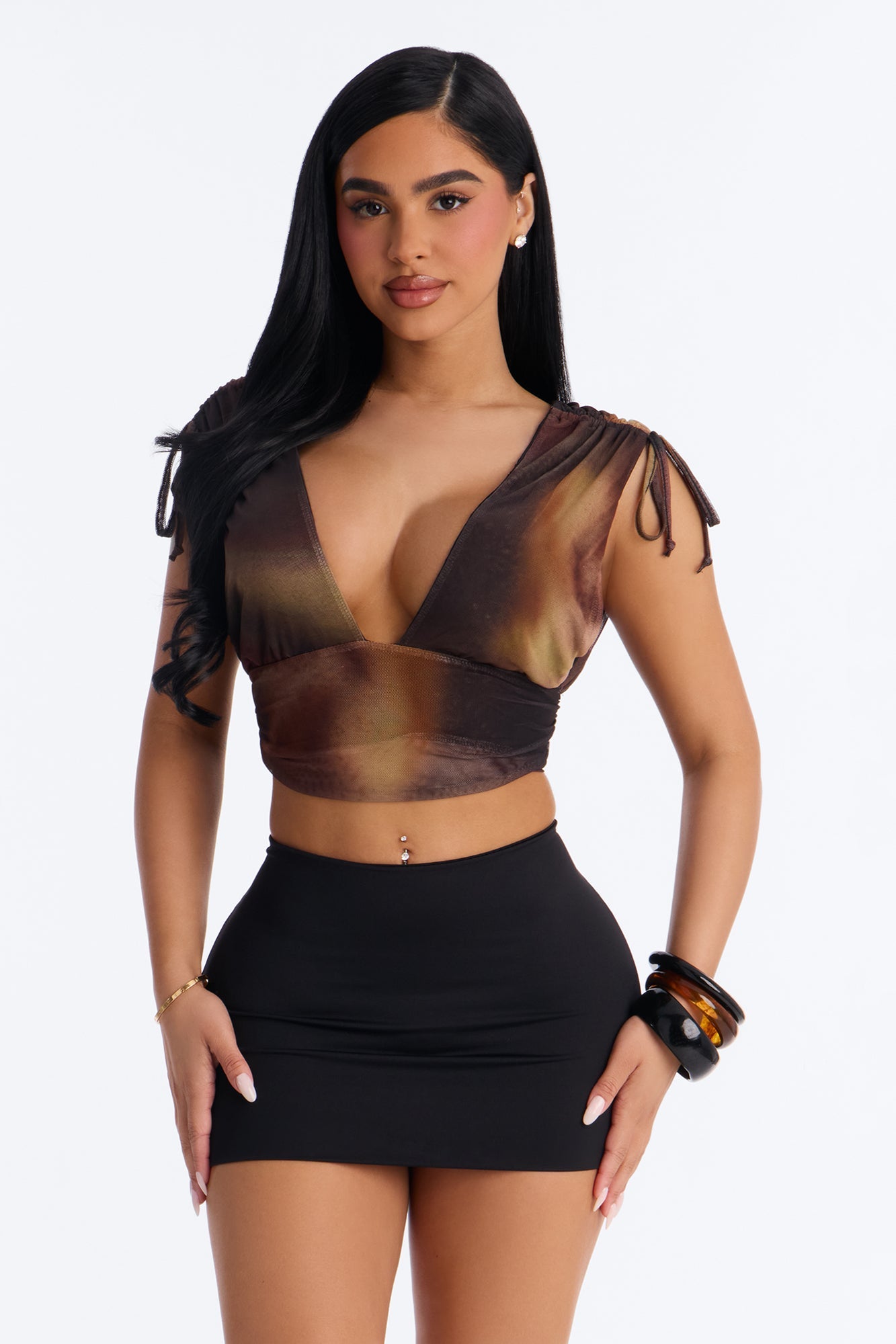 Lori Deep V-Neck Mesh Cropped Top - Brown/combo Fashion Nova