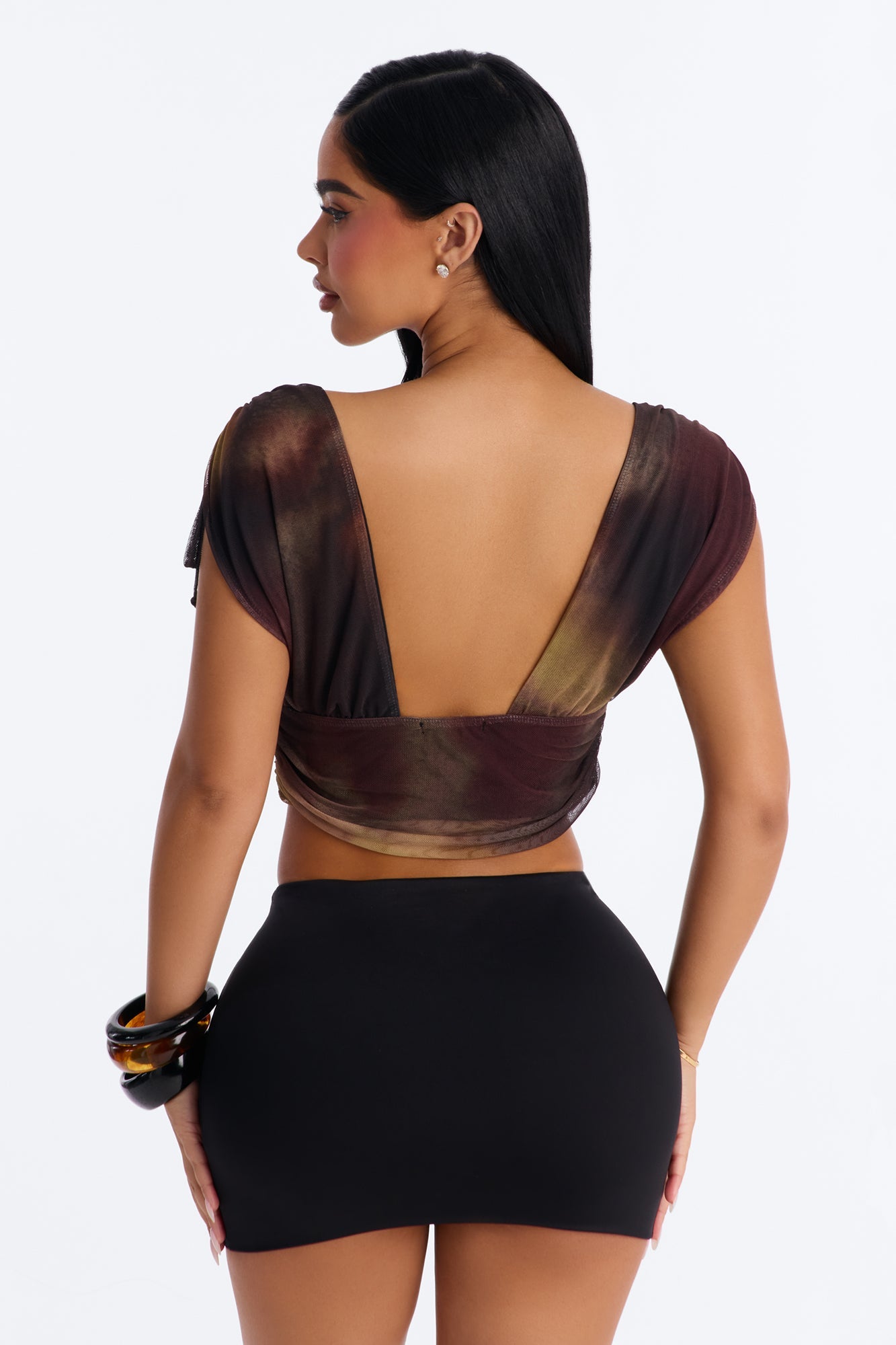 Lori Deep V-Neck Mesh Cropped Top - Brown/combo Fashion Nova