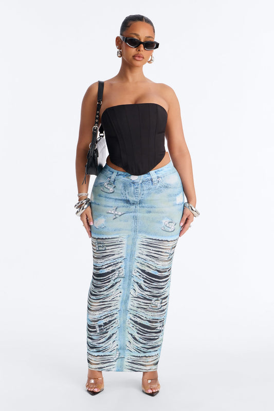 Bling Behavior Printed Knit Ankle Maxi Skirt - Blue/combo Fashion Nova