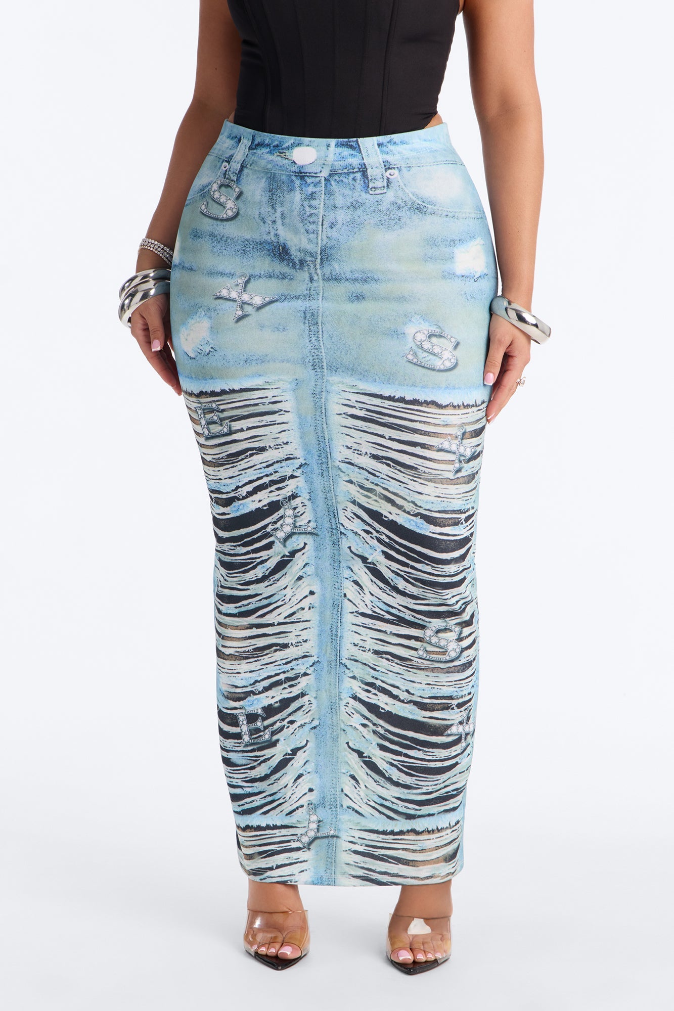 Bling Behavior Printed Knit Ankle Maxi Skirt - Blue/combo Fashion Nova