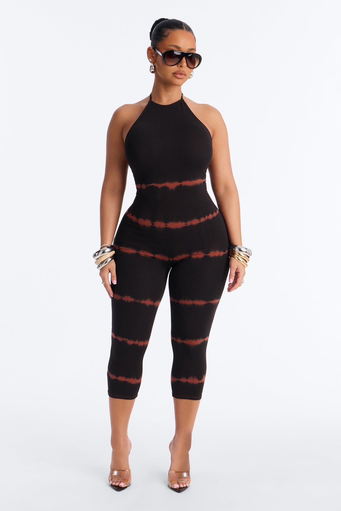Kasey Tie Dye Halter Capri Leg Jumpsuit - Rust NEWFASHIONEDGE