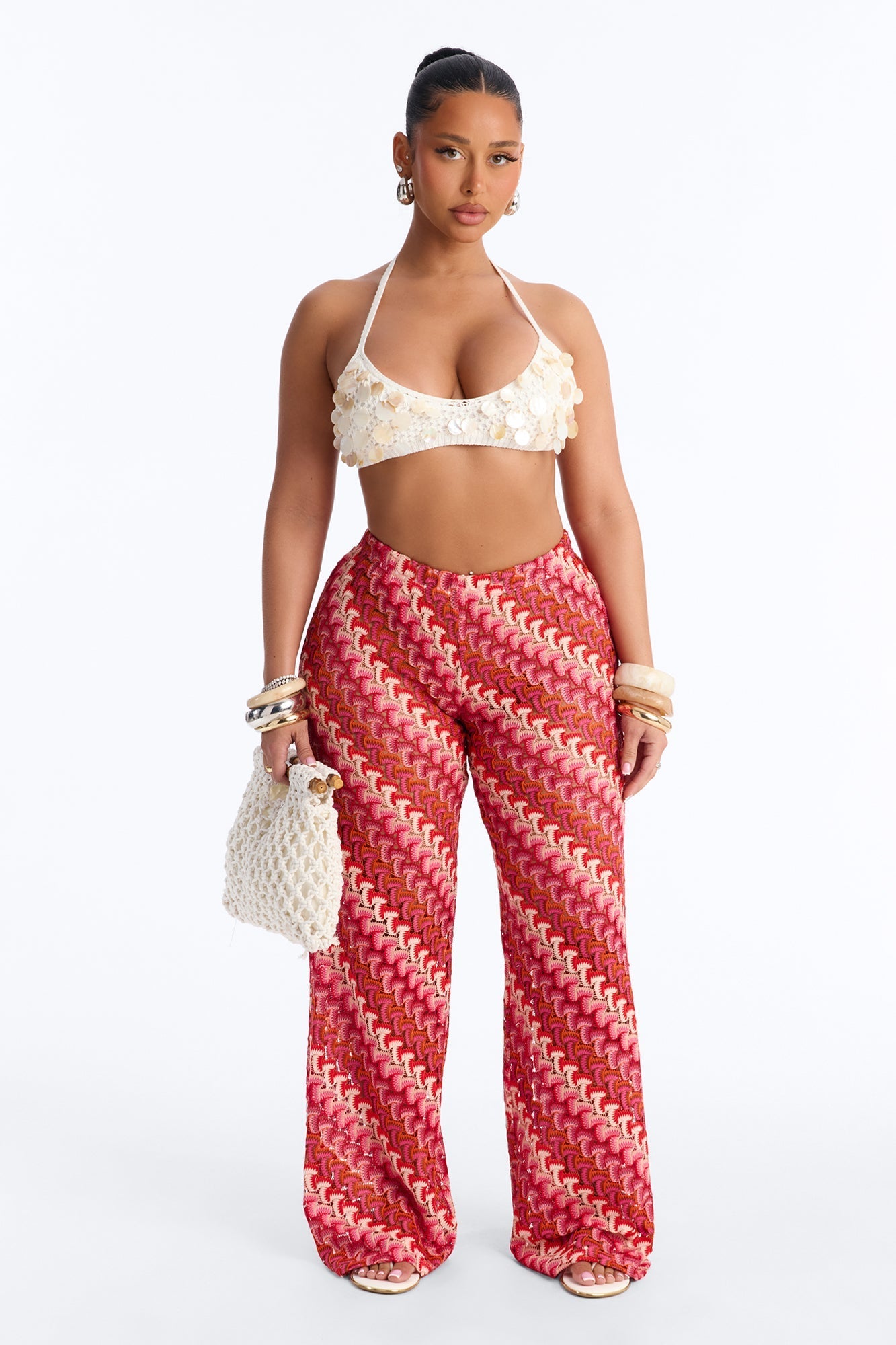 Sunset Seeker Low Rise Crochet Wide Leg Pant - Pink/combo NEWFASHIONEDGE
