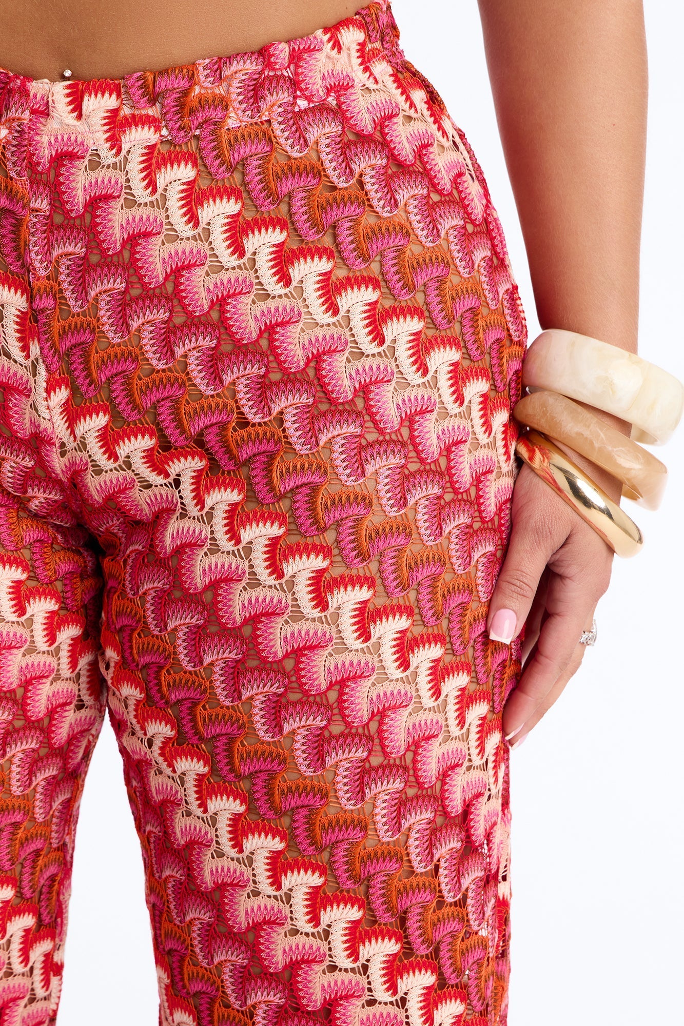 Sunset Seeker Low Rise Crochet Wide Leg Pant - Pink/combo NEWFASHIONEDGE