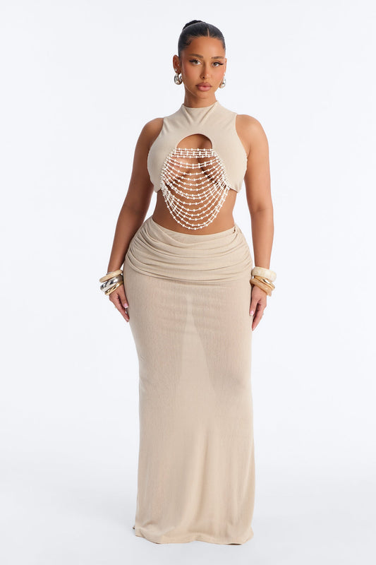 Carolina Pearl Draped Cutout Maxi Skirt Set - Taupe