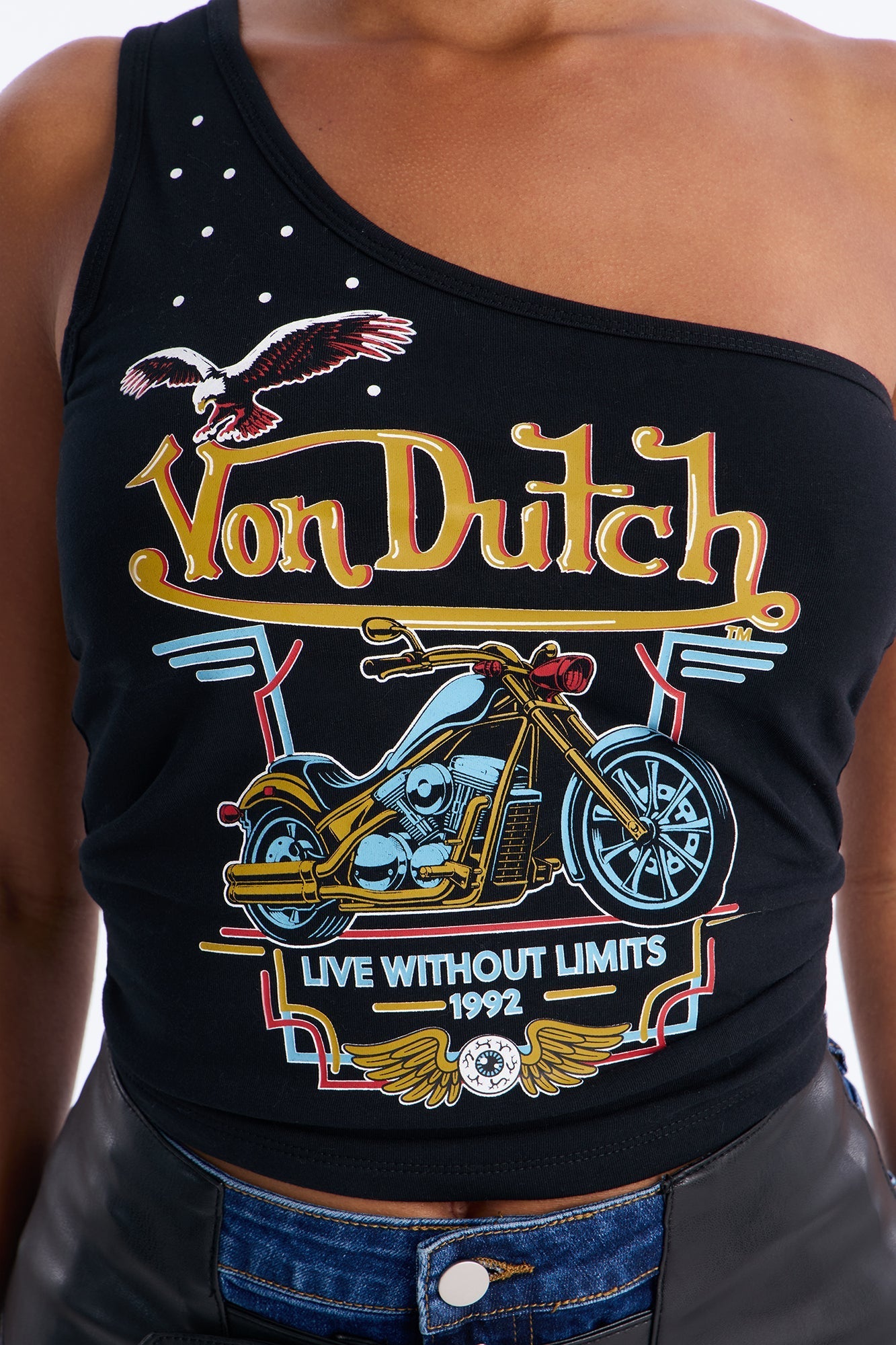 Von Dutch Rocker One Shoulder Tank With Studs - Black NEWFASHIONEDGE