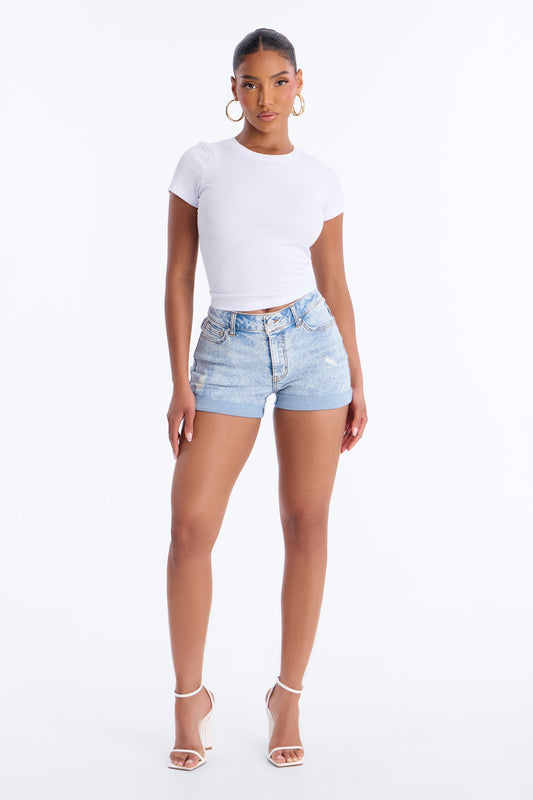 Carmela Cuffed Stretch Denim Shorts - Light Wash