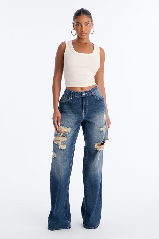 Next Time Ripped Straight Leg Jeans - Dark Wash