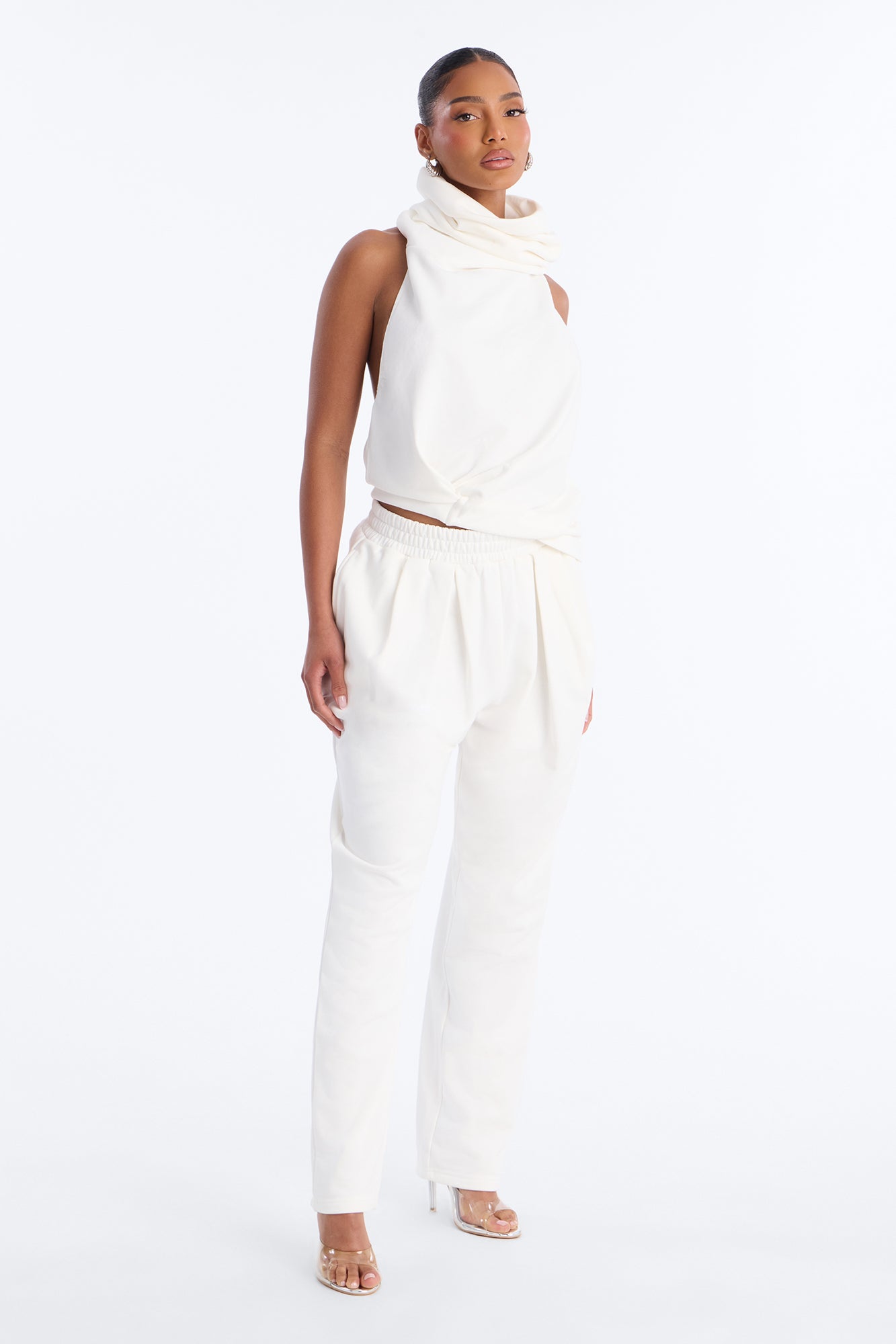 Alexia Backless Halter Jogger Set - White NEWFASHIONEDGE