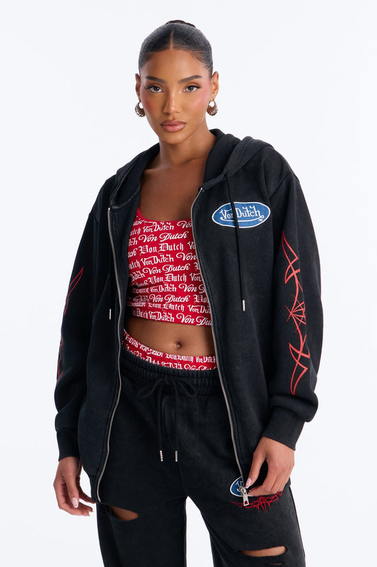 Von Dutch Logo Washed Zip Up Hoodie - Black Wash