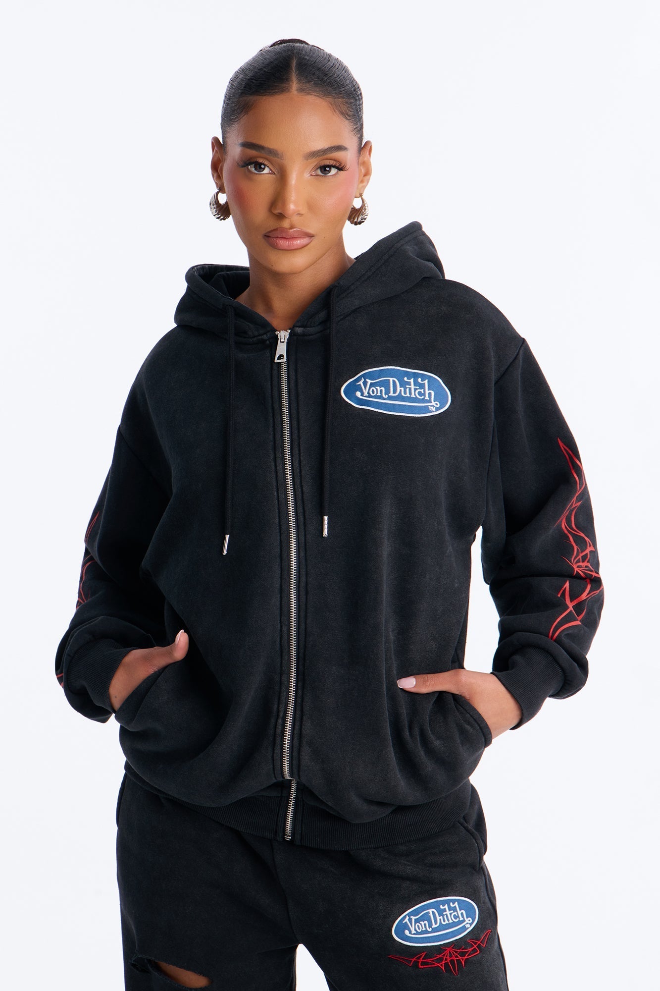 Von Dutch Logo Washed Zip Up Hoodie - Black Wash