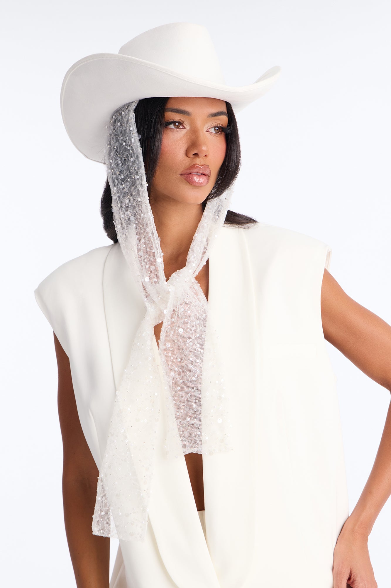 A Girl In White Cowboy Hat - White