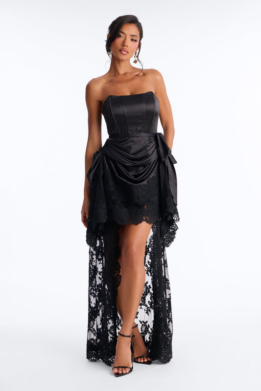 Lana Draped Lace Satin Gown - Black