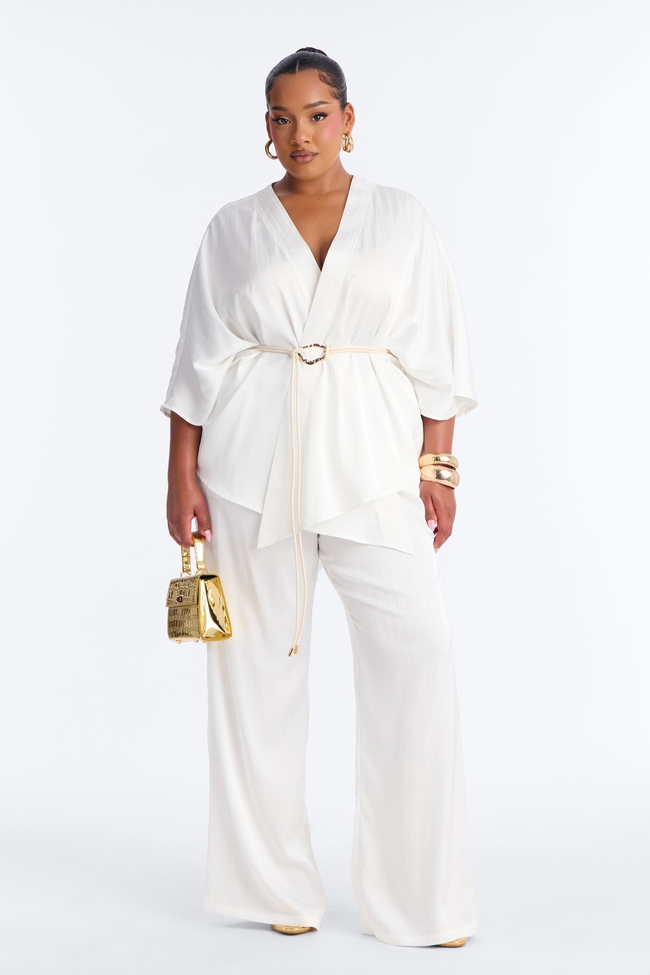 Draped In Elegance Satin 3 Piece Pant Set - Ivory